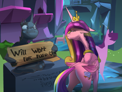 Size: 2000x1500 | Tagged: safe, artist:alumx, princess cadance, oc, oc:chance, alicorn, changeling, pony, changeling oc, crystal empire, cutie mark, glare, glaring daggers, jewelry, narrowed eyes, poker face, regalia, sign, sitting, will x for y