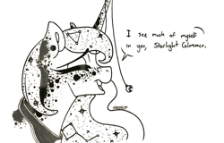 Size: 1280x821 | Tagged: safe, artist:nightmare-moons-throneroom, princess luna, alicorn, pony, bust, constellation, dappled, dialogue, ear piercing, earring, ethereal mane, eyes closed, female, grayscale, horn jewelry, jewelry, lineart, mare, missing accessory, monochrome, open mouth, peytral, piercing, simple background, solo, speech bubble, white background