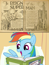 Size: 429x574 | Tagged: safe, rainbow dash, pegasus, pony, blue coat, book, female, mare, multicolored mane, reading, solo, superman