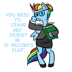 Size: 1000x1000 | Tagged: safe, artist:fauxsquared, rainbow dash, pegasus, pony, adorkable, alternate hairstyle, bipedal, book, cease and desist, clothes, cute, dork, dress, female, glasses, lawyer, mare, rainbow dork, simple background, solo, text, transparent background