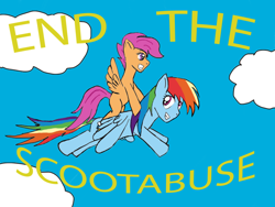 Size: 900x675 | Tagged: safe, artist:thescorpion, rainbow dash, scootaloo, pegasus, pony, scootabuse, scootalove