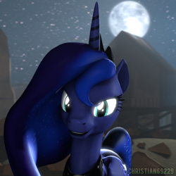 Size: 1024x1024 | Tagged: safe, artist:christian69229, princess luna, alicorn, pony, 3d, bust, looking at you, moon, portrait, solo, source filmmaker