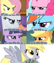 Size: 500x588 | Tagged: safe, derpibooru import, applejack, derpy hooves, fluttershy, pinkie pie, rainbow dash, rarity, twilight sparkle, earth pony, pegasus, pony, unicorn, female, mane six, mare, poker face