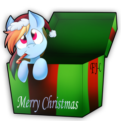 Size: 1024x1024 | Tagged: safe, artist:fj-c, derpibooru import, rainbow dash, pegasus, pony, box, candy, candy cane, food, hat, mouth hold, pony in a box, present, santa hat, solo