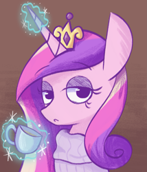 Size: 1239x1449 | Tagged: safe, artist:typhwosion, princess cadance, alicorn, pony, bust, clothes, crown, cup, cute, cutedance, jewelry, lidded eyes, magic, regalia, solo, sweater, telekinesis