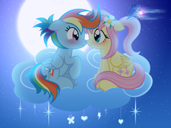 Size: 8000x6000 | Tagged: safe, artist:nightmaremoons, derpibooru import, fluttershy, rainbow dash, pegasus, pony, absurd file size, absurd resolution, alternate hairstyle, blushing, cloud, female, flower, flower in hair, flutterdash, heart eyes, lesbian, moon, night, nuzzling, shipping, wingding eyes