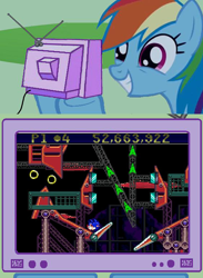 Size: 562x768 | Tagged: safe, rainbow dash, pegasus, pony, crossover, exploitable meme, meme, obligatory pony, pinball, sonic spinball, sonic the hedgehog (series), tv meme, video game