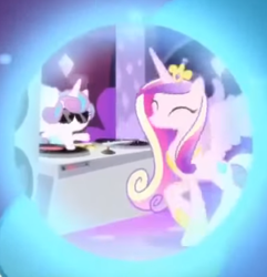 Size: 433x450 | Tagged: safe, screencap, princess cadance, princess flurry heart, alicorn, pony, a royal problem, cropped, cute, cutedance, dancing, dj booth, dj flurry heart, dream, dream orbs