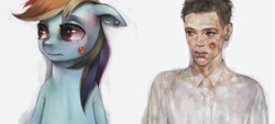 Size: 1280x580 | Tagged: safe, artist:crookedtrees, rainbow dash, human, bust, comparison, crying, portrait, sad