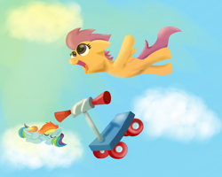 Size: 1280x1024 | Tagged: safe, artist:crazypon3, rainbow dash, scootaloo, pegasus, pony, scooter, sleeping