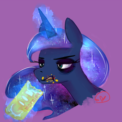 Size: 800x800 | Tagged: safe, artist:ryuredwings, princess luna, alicorn, pony, burrito, bust, eating, female, food, grumpy, luna is not amused, magic, mare, messy, portrait, solo, unamused