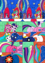 Size: 3037x4231 | Tagged: safe, artist:eternaljonathan, discord, princess cadance, princess celestia, princess luna, twilight sparkle, twilight sparkle (alicorn), oc, oc:princess cadence sparkle, oc:princess eclipse, alicorn, pony, comic:princess fusion, body horror, comic, commissioner:bigonionbean, confused, confusion, cutie mark, forced, fusion, fusion:princess cadence sparkle, fusion:princess eclipse, magic, merge, merging, plot, tail, thicc ass, writer:bigonionbean