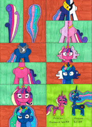 Size: 3050x4221 | Tagged: safe, artist:eternaljonathan, princess cadance, princess celestia, princess luna, twilight sparkle, twilight sparkle (alicorn), oc, oc:princess cadence sparkle, oc:princess eclipse, alicorn, pony, comic:princess fusion, commissioner:bigonionbean, fear, fusion, fusion:princess cadence sparkle, fusion:princess eclipse, magic, merge, merging, scared, writer:bigonionbean