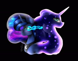 Size: 2048x1613 | Tagged: safe, artist:melodyboundless, princess luna, tantabus, alicorn, pony, black background, duo, ethereal mane, female, galaxy mane, glowing eyes, looking at you, mare, simple background