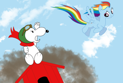 Size: 6328x4270 | Tagged: safe, artist:ryuseihikari, rainbow dash, dog, pegasus, pony, absurd resolution, clothes, crossover, flying, peanuts, red baron, scarf, snoopy, sopwith camel, ww1 flying ace