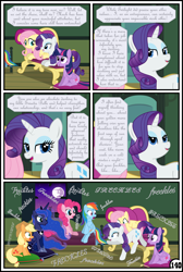 Size: 3254x4837 | Tagged: safe, artist:gutovi, applejack, fluttershy, pinkie pie, princess luna, rainbow dash, rarity, twilight sparkle, twilight sparkle (alicorn), alicorn, earth pony, pegasus, pony, unicorn, comic:why me!?, bed, broken window, comic, cushion, female, lesbian, mane six, mare in the moon, moon, rarijack, shipping, sofa, that pony sure does love freckles