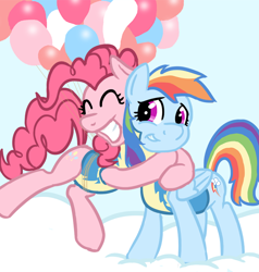 Size: 772x810 | Tagged: safe, artist:poniker, derpibooru import, pinkie pie, rainbow dash, earth pony, pegasus, pony, wonderbolts academy, balloon, female, lesbian, pinkiedash, shipping, then watch her balloons lift her up to the sky, wonderbolt trainee uniform