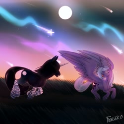 Size: 1080x1080 | Tagged: safe, artist:moonhoek, princess luna, oc, oc:moon shine, alicorn, pony, unicorn, digital art, evening, eyes closed, female, full body, full moon, happy, male, mare, moon, night, open mouth, rcf community, romantic, running, shading, shooting star, smiling, stallion, stars, straight hair