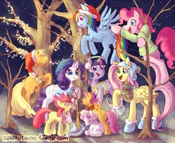 Size: 800x653 | Tagged: safe, artist:nakioutsuno, derpibooru import, apple bloom, applejack, fluttershy, pinkie pie, rainbow dash, rarity, scootaloo, sweetie belle, twilight sparkle, earth pony, pegasus, pony, unicorn, blank flank, candy, candy cane, christmas, christmas lights, clothes, cutie mark crusaders, decorating, earmuffs, food, hat, holiday, mane six, missing cutie mark, santa hat, scarf, tree