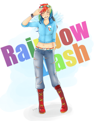 Size: 955x1231 | Tagged: safe, artist:jaskierka, rainbow dash, goggles, humanized, solo, winged humanization