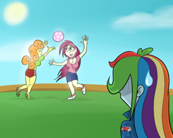 Size: 500x400 | Tagged: safe, artist:catfood-mcfly, carrot top, golden harvest, rainbow dash, roseluck, equestria girls, equestria girls (movie), cropped, female, incestria girls, lesbian, sweat, sweatdrop