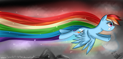 Size: 4724x2244 | Tagged: safe, artist:scarlett-letter, derpibooru import, rainbow dash, pegasus, pony, colors, flying, gray, mountain, rainbow colors, solo