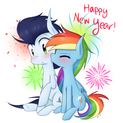 Size: 2800x2800 | Tagged: safe, artist:littlecloudie, derpibooru import, rainbow dash, soarin', pegasus, pony, backwards cutie mark, blushing, female, fireworks, happy new year, kissing, male, new year, shipping, simple background, soarindash, straight, transparent background