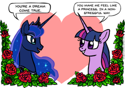 Size: 598x420 | Tagged: safe, artist:gingerfoxy, princess luna, twilight sparkle, alicorn, pony, unicorn, female, flower, heart, lesbian, pony couple generator, rose, shipping, twiluna