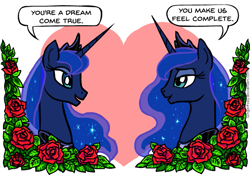 Size: 599x420 | Tagged: safe, artist:gingerfoxy, princess luna, alicorn, pony, female, flower, heart, lesbian, lunlun, pony couple generator, rose, self ponidox, selfcest, shipping