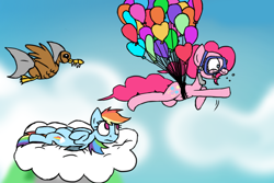 Size: 1772x1181 | Tagged: safe, artist:ogihb, derpibooru import, pinkie pie, rainbow dash, duck, earth pony, pegasus, pony, shark, balloon, costume, snorkel, then watch her balloons lift her up to the sky