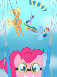 Size: 1512x2016 | Tagged: safe, artist:phallen1, derpibooru import, applejack, pinkie pie, rainbow dash, twilight sparkle, earth pony, pegasus, pony, parachute, skydiving