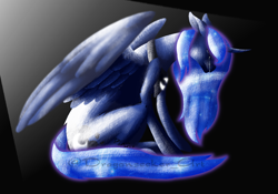 Size: 1500x1050 | Tagged: safe, artist:dragonseekerart, princess luna, alicorn, pony, crying, cutie mark, ethereal mane, eyes closed, female, gradient background, lighting, mare, missing accessory, peytral, redraw, sad, sitting, solo, spread wings, wings