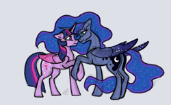 Size: 1179x722 | Tagged: safe, artist:jykinturah, princess luna, twilight sparkle, twilight sparkle (alicorn), alicorn, pony, ethereal mane, female, hoof hold, horns are touching, lesbian, looking at each other, mare, shipping, sketch, stars, twiluna, wings