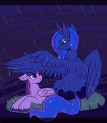 Size: 900x1030 | Tagged: safe, artist:lulubell, princess luna, twilight sparkle, twilight sparkle (alicorn), alicorn, pony, bedroom eyes, chest fluff, female, lesbian, mare, one eye closed, rain, shipping, twiluna, wing umbrella