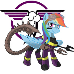 Size: 900x900 | Tagged: safe, artist:tomcullen, rainbow dash, pegasus, pony, fallout equestria, armor, battle saddle, camouflage, clothes, costume, cutie mark background, enclave armor, energy weapon, fanfic, fanfic art, female, gun, hooves, magical energy weapon, mare, ministry mares, ministry of awesome, novasurge rifle, power armor, scorpion tail, shadowbolt armor, shadowbolt dash, shadowbolt power armor, shadowbolts, shadowbolts costume, smiling, solo, teeth, weapon, wings