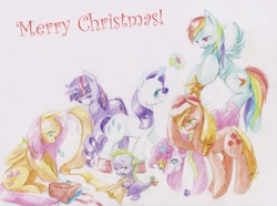 Size: 1612x1200 | Tagged: safe, artist:wolfiedrawie, derpibooru import, applejack, fluttershy, pinkie pie, rainbow dash, rarity, spike, twilight sparkle, dragon, earth pony, pegasus, pony, unicorn, christmas, holly, mane seven, mane six, traditional art