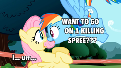 Size: 960x540 | Tagged: safe, fluttershy, rainbow dash, pegasus, pony, female, image macro, killing spree, mare, wings