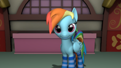 Size: 1920x1080 | Tagged: safe, artist:yellencandy, derpibooru import, rainbow dash, pegasus, pony, 3d, clothes, cute, dashabetes, socks, solo, stockings, striped socks