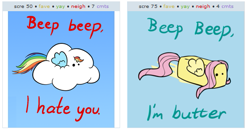 Size: 535x277 | Tagged: safe, fluttershy, rainbow dash, pegasus, pony, beep beep, butter, cloud, exploitable meme, flutterbutter, hate, juxtaposition, juxtaposition win, literal buttershy, meme