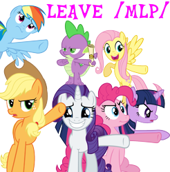 Size: 1313x1335 | Tagged: safe, derpibooru import, applejack, fluttershy, pinkie pie, rainbow dash, rarity, spike, twilight sparkle, dragon, earth pony, pegasus, pony, unicorn, /mlp/, image macro, mane seven, mane six