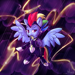 Size: 2000x2000 | Tagged: safe, artist:whazzam95, derpibooru import, rainbow dash, zapp, pegasus, pony, power ponies (episode), power ponies, solo, storm