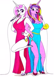 Size: 2464x3491 | Tagged: safe, artist:killerteddybear94, fleur-de-lis, princess cadance, alicorn, anthro, unicorn, beautisexy, big breasts, breasts, cleavage, clothes, cutie mark, dress, duet, duo, ear piercing, earring, fleur-de-seins, hand on hip, high heels, jewelry, legs, linked arms, looking at each other, microphone, necklace, open mouth, piercing, princess cansdance, raised leg, shoes, side slit, singing, smiling, standing, standing on one leg, traditional art