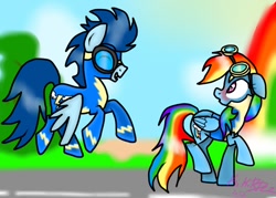 Size: 700x500 | Tagged: safe, artist:kikirdcz, rainbow dash, soarin', pegasus, pony, wonderbolts academy, female, male, shipping, soarindash, straight, wonderbolt trainee uniform