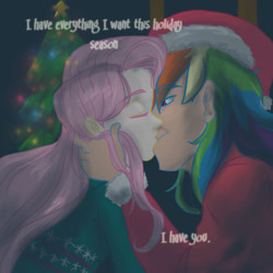 Size: 800x800 | Tagged: safe, artist:askhumanrainbowshy, derpibooru import, fluttershy, rainbow dash, human, female, flutterdash, humanized, kissing, lesbian, shipping