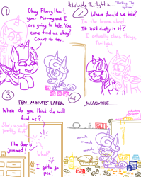 Size: 1280x1611 | Tagged: safe, artist:adorkabletwilightandfriends, princess cadance, princess flurry heart, twilight sparkle, twilight sparkle (alicorn), alicorn, pony, comic:adorkable twilight and friends, adorkable, adorkable twilight, blocks, cake, candy, comic, cookie, cute, desperation, dork, female, filly, food, games, hide and seek, humor, in the closet, lineart, locked, mom, need to pee, omorashi, outsmart, pie, potty emergency, potty time, snacks