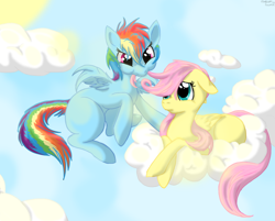 Size: 1024x824 | Tagged: safe, artist:cinder42, derpibooru import, fluttershy, rainbow dash, pegasus, pony, blank flank, cloud, cute, dashabetes, filly, hair bite, nom, prone, shyabetes