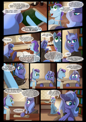 Size: 1240x1754 | Tagged: safe, artist:lunarcakez, princess luna, oc, oc:soliloquy, alicorn, earth pony, pony, comic:the origins of hollow shades, book, comic, male, s1 luna, stallion