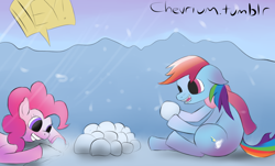 Size: 1280x774 | Tagged: safe, artist:chevrium, derpibooru import, pinkie pie, rainbow dash, earth pony, pegasus, pony, 30 minute art challenge, snow, snowball, snowfall