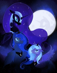 Size: 759x966 | Tagged: safe, artist:artghst, nightmare moon, princess luna, alicorn, pony, female, helmet, lunar trinity, mare, mare in the moon, moon, multeity, s1 luna, smiling, three luna moon, three wolf moon, trio