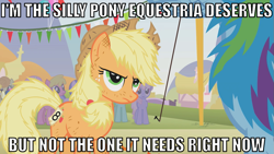 Size: 947x533 | Tagged: safe, derpibooru import, edit, edited screencap, screencap, applejack, rainbow dash, earth pony, pegasus, pony, batman, caption, image macro, silly, silly pony, who's a silly pony